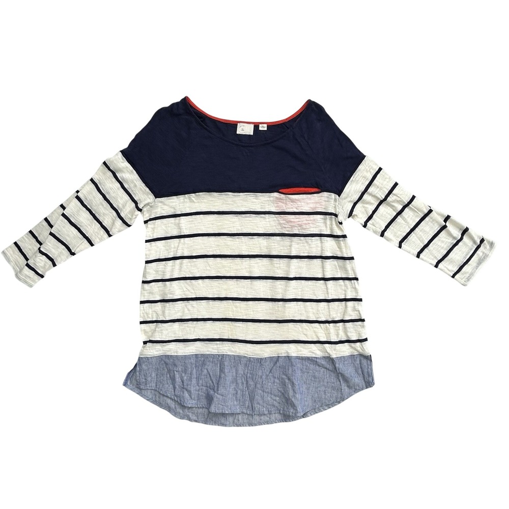 Postmark Anthropologie Women Large Striped Mixed Media Tunic Top Navy Blue White